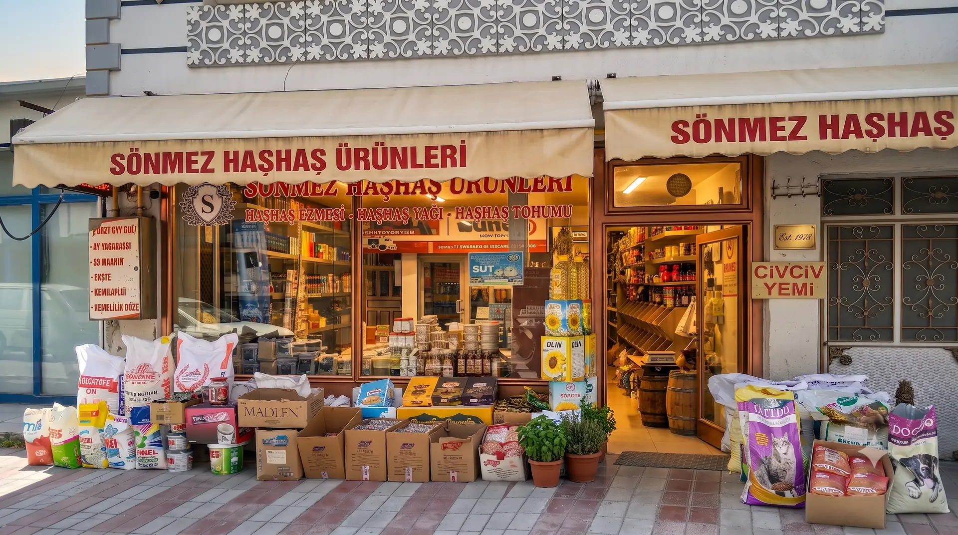 Sönmez Haşhaş dükkanının cephesi: tentesinde 'Sönmez Haşhaş Ürünleri' tabelası, vitrininde haşhaş ezmesi, haşhaş yağı ve baharatlar, önünde un çuvalları